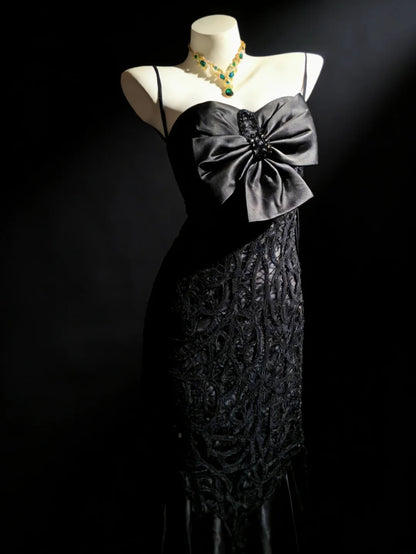 Robe de bal longue sirène rétro années 1950, bretelles spaghetti, bleu marine, corsage en dentelle, AS059