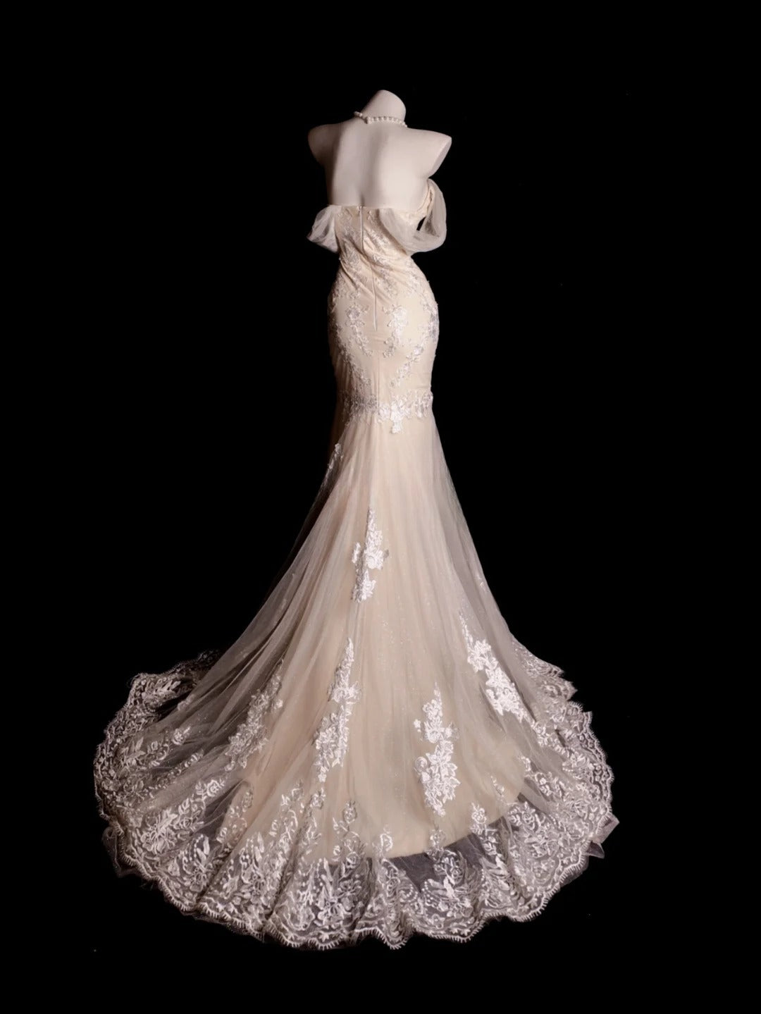 Prom Dress Mermaid Off Shoulder Champagne Lace Modest Floor Length Formal Party Gown RB9860