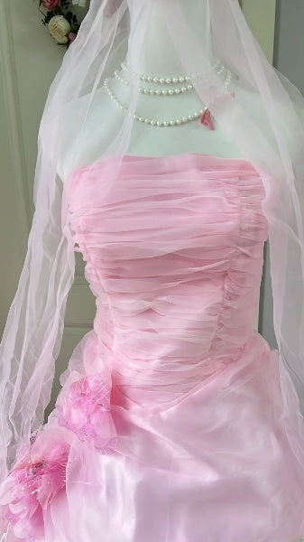 Prinzessinnen-Brautkleid Ballkleid trägerlos Rosa mit 3D-Blumen Hochzeitskleid für den großen Tag RC0430