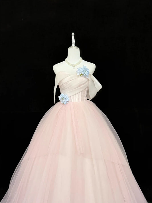 Dezentes trägerloses Ballkleid aus rosafarbenem Tüll mit blauen Blumen, voluminöses Quinceañera-Kleid, Outfit für Sweet 16, Vestido de RB7430
