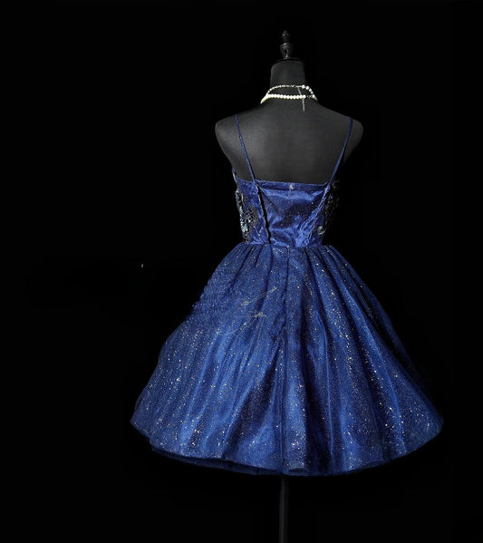 Modest Hoco Dress Homecoming Dresses Ball Gown Spaghetti Strap Navy Blue 16th Birthday Party Outfits RB6383