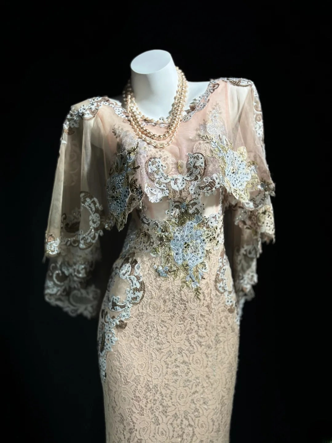 Vintage Prom Dresses Mermaid Scoop Neckline Lace With Cape Long Evening Formal Outfits RB5865