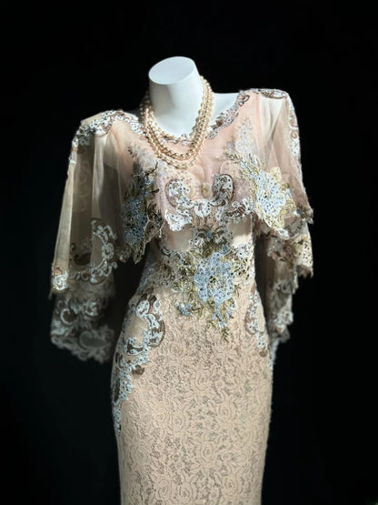 Vintage Prom Dresses Mermaid Scoop Neckline Lace With Cape Long Evening Formal Outfits RB5865