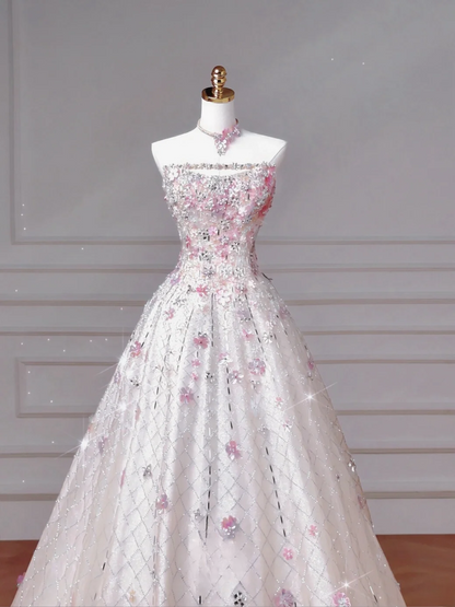 Magnifique robe de bal bustier blanche à sequins, longue et élégante, ornée de perles, idéale pour les soirées et les fêtes d'adolescentes (AQ059).