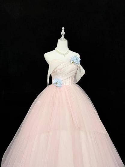 Modest Ball Gown Strapless Blush Pink Tulle With Blue Flowers Quince Dress Voluminous Sweet 16 Sweet Sixteen Outfits Vestido de RB7430