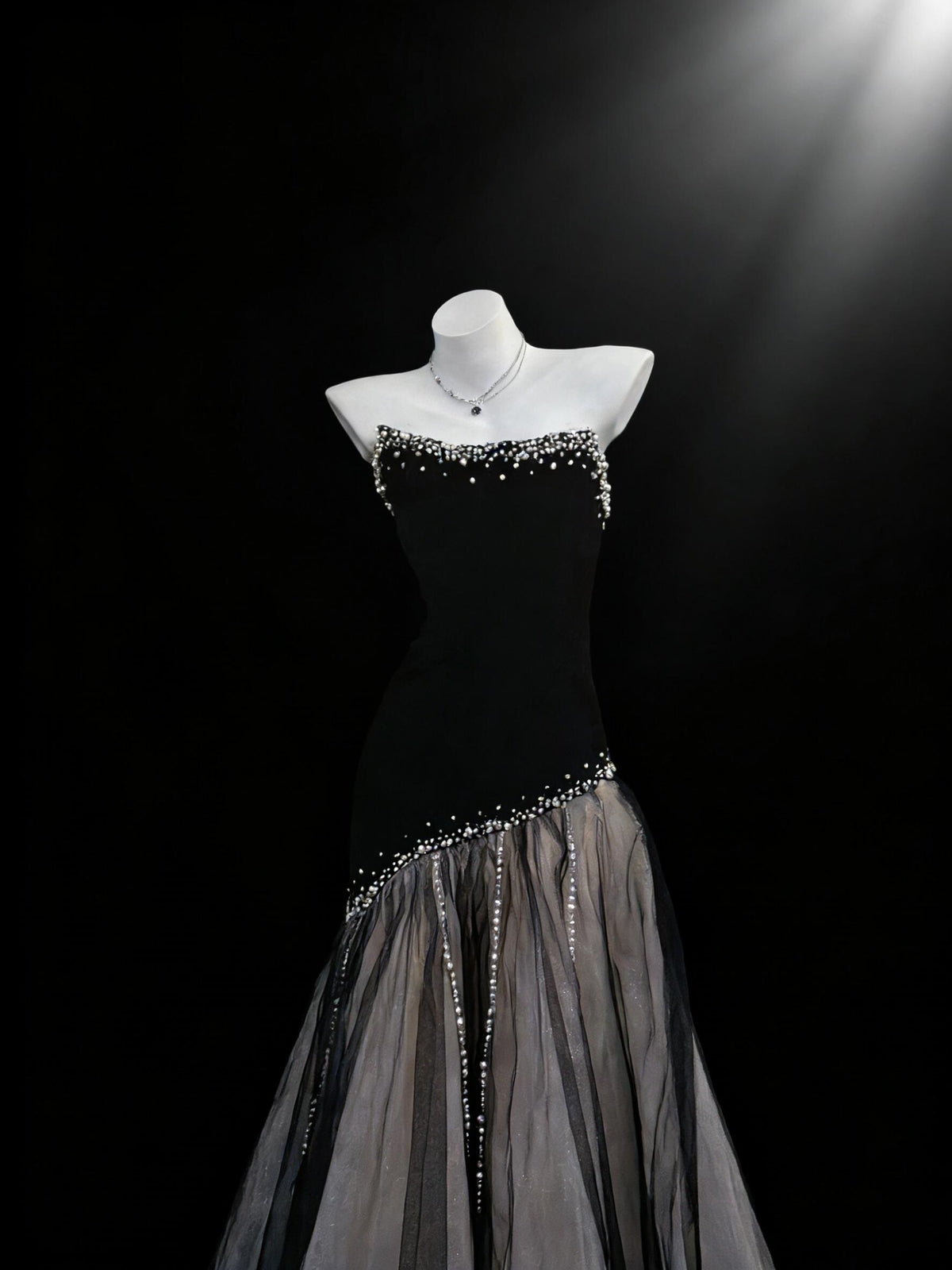 Prom Dress Sexy Mermaid Strapless Black Tulle Beaded Floor Length For Women Graduation Party Dress RC1088