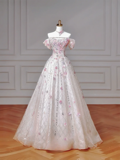 Magnifique robe de bal bustier blanche à sequins, longue et élégante, ornée de perles, idéale pour les soirées et les fêtes d'adolescentes (AQ059).