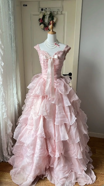 Rosa langes Ballkleid mit herzförmigem Ausschnitt und gestuften Lagen, formelles Partykleid für Teenager und Damen RC0431