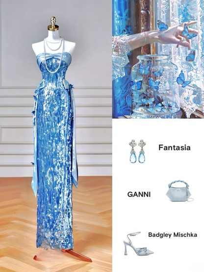 Robe de soirée longue fourreau à paillettes bleues sans bretelles, style cabaret, idéale pour les bals de fin d'année et les dîners chics. AQ060
