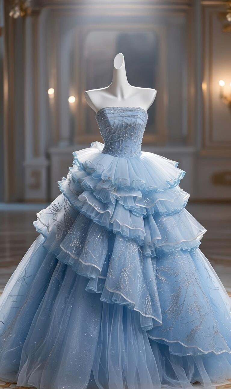Pretty Quinceanera Dress Ball Gown Strapless Blue Tulle With Tiered Layers 16th Birthday Party Outfit RC1093