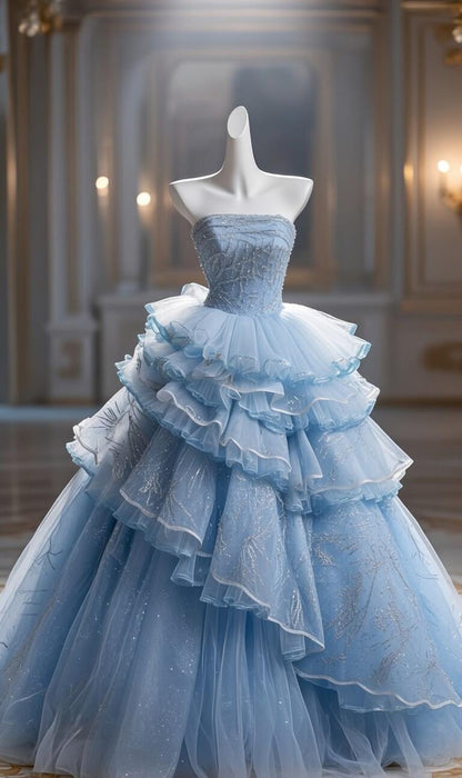Pretty Quinceanera Dress Ball Gown Strapless Blue Tulle With Tiered Layers 16th Birthday Party Outfit RC1093