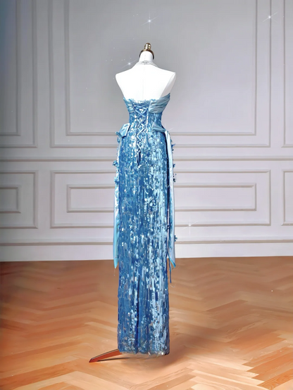 Robe de soirée longue fourreau à paillettes bleues sans bretelles, style cabaret, idéale pour les bals de fin d'année et les dîners chics. AQ060