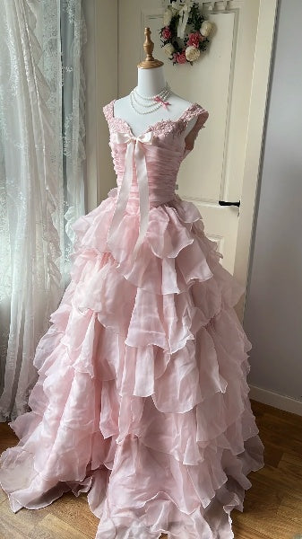 Rosa langes Ballkleid mit herzförmigem Ausschnitt und gestuften Lagen, formelles Partykleid für Teenager und Damen RC0431