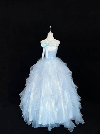 Stunning Ball Gown Strapless Blue Tulle With Tiered Layers Quince Dress Voluminous Sweet 16 Sweet Sixteen Outfits Vestido de RB7431