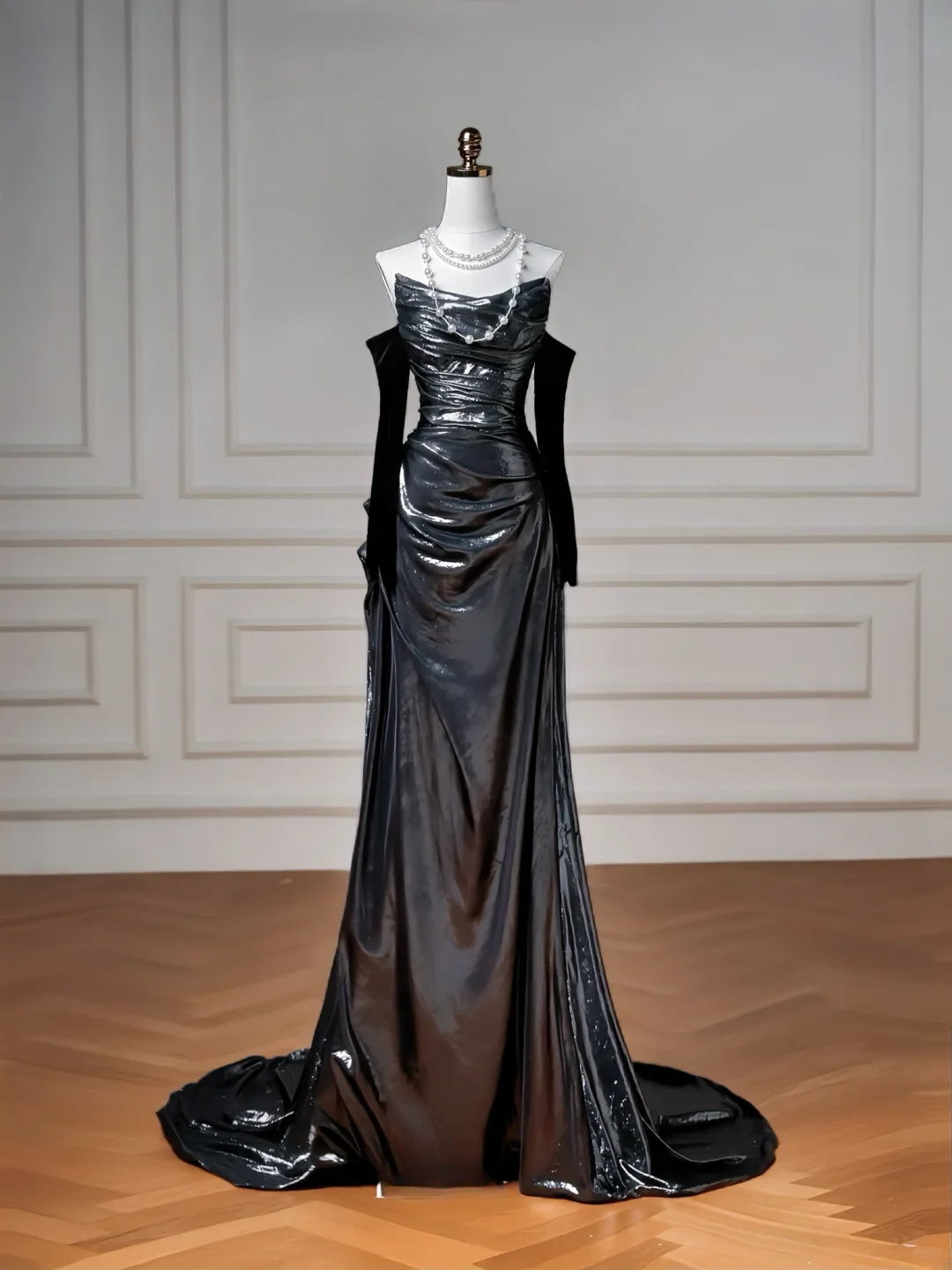 Robe de soirée sirène noire à paillettes, sans bretelles et manches amovibles, longue et élégante, idéale pour les bals de fin d'année et les dîners, pour adolescentes (AQ061)