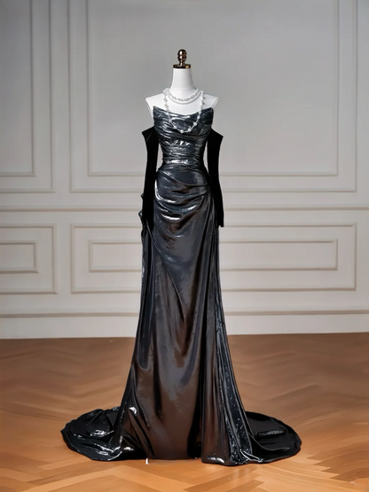 Robe de soirée sirène noire à paillettes, sans bretelles et manches amovibles, longue et élégante, idéale pour les bals de fin d'année et les dîners, pour adolescentes (AQ061)