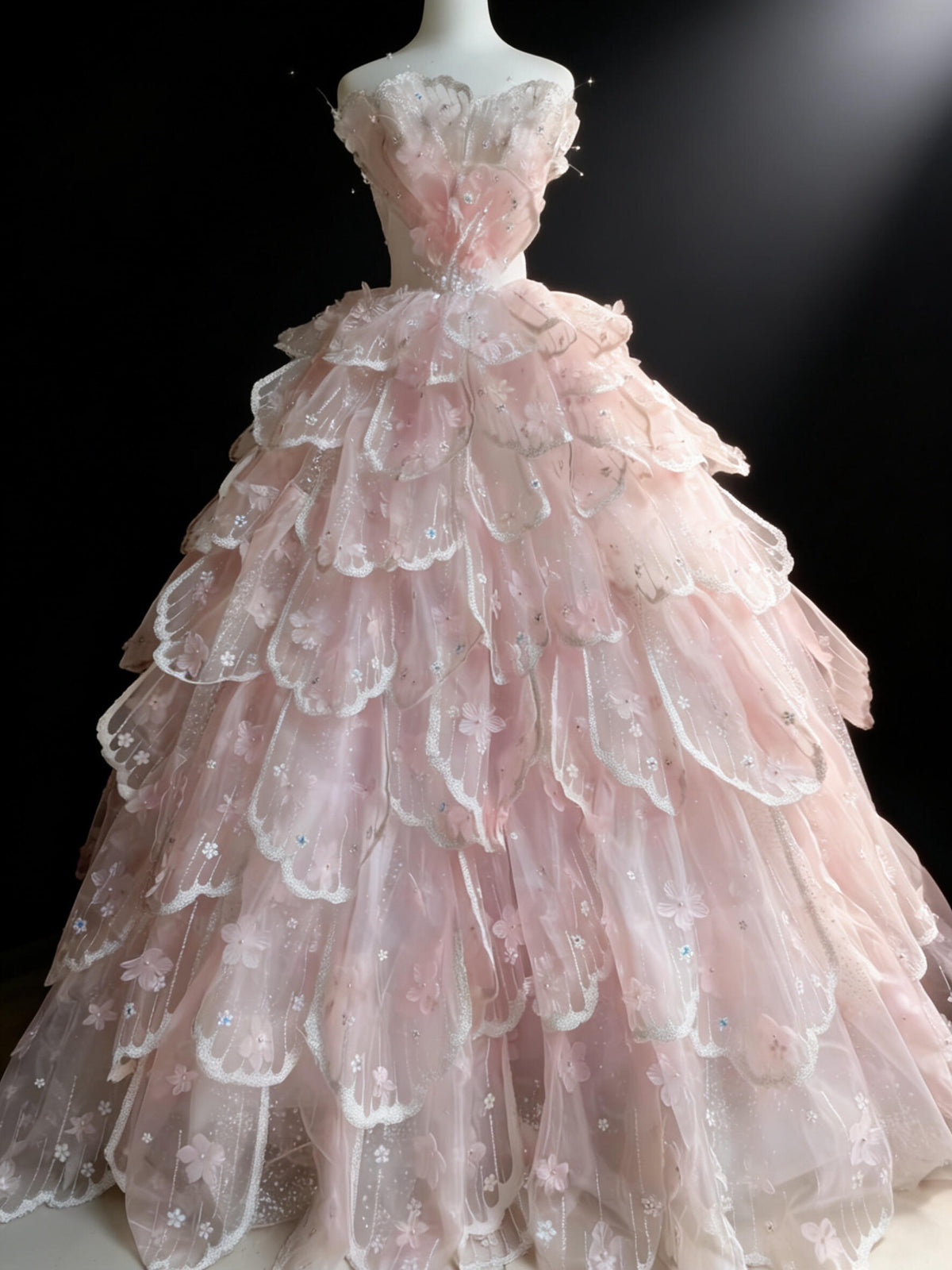 Fairy Quinceanera Dress Ball Gown Sweetheart Pink Flowers Tulle With Tiered Quince Dresses RC1090