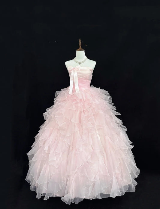 Atemberaubendes, trägerloses Ballkleid aus rosa Tüll mit gestuften Lagen, voluminöses Quinceañera-Kleid, Outfit für Sweet 16, Vestido de RB7432