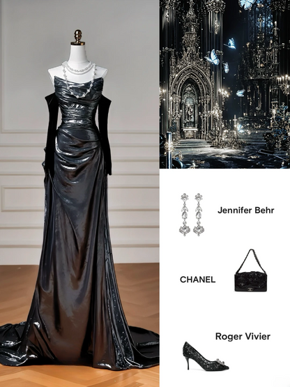 Robe de soirée sirène noire à paillettes, sans bretelles et manches amovibles, longue et élégante, idéale pour les bals de fin d'année et les dîners, pour adolescentes (AQ061)
