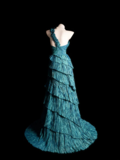 Blue Prom Dress Inspo A line One Shoulder Modest With Tiered Layered Formal Party Gown RB9862