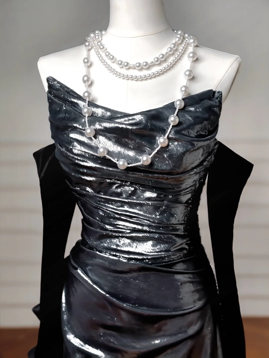 Robe de soirée sirène noire à paillettes, sans bretelles et manches amovibles, longue et élégante, idéale pour les bals de fin d'année et les dîners, pour adolescentes (AQ061)