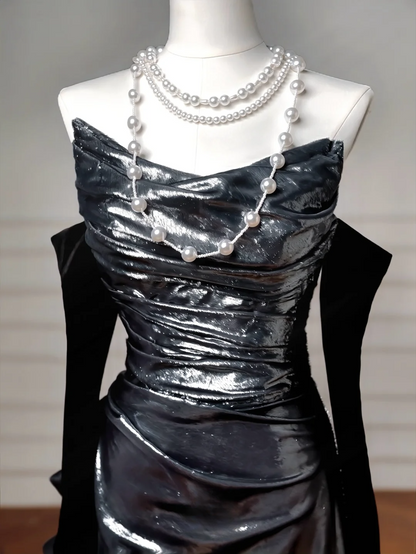 Robe de soirée sirène noire à paillettes, sans bretelles et manches amovibles, longue et élégante, idéale pour les bals de fin d'année et les dîners, pour adolescentes (AQ061)