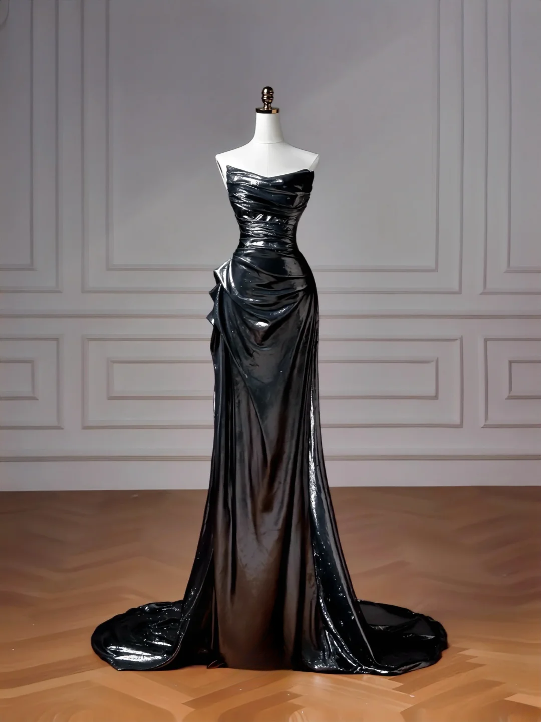 Robe de soirée sirène noire à paillettes, sans bretelles et manches amovibles, longue et élégante, idéale pour les bals de fin d'année et les dîners, pour adolescentes (AQ061)