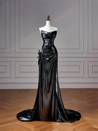 Robe de soirée sirène noire à paillettes, sans bretelles et manches amovibles, longue et élégante, idéale pour les bals de fin d'année et les dîners, pour adolescentes (AQ061)