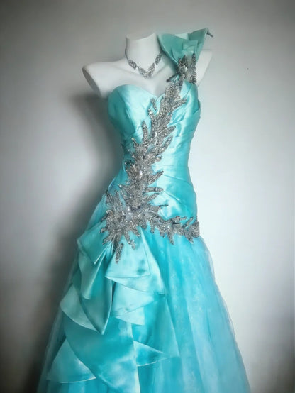Classy Ball Gown One Shoulder Blue Satin With Beaded Bodice Tulle Sleeveless Long Prom Dresses Inspo Senior Sweet 16 Birthday Outfits AS062