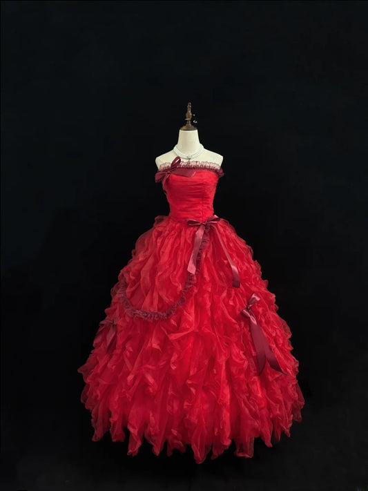Atemberaubendes trägerloses Ballkleid aus rotem Tüll mit gestuften Lagen, voluminöses Quinceañera-Kleid, Outfit für Sweet 16, Vestido de RB7433