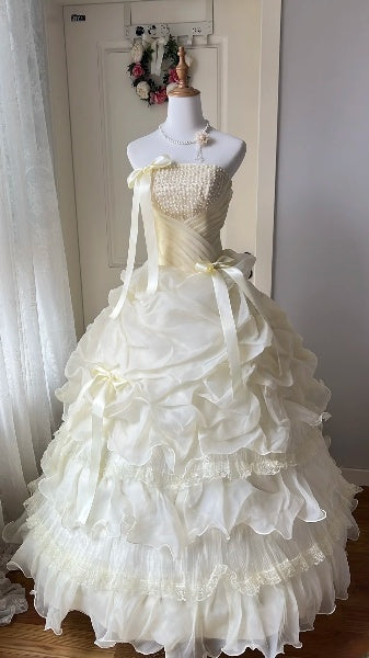 Dream Sweet 16 Dresses Long Strapless Yellow With Pearls Tiered Ball Gown Sweet Sixteen Party Birthday Gown RC0433