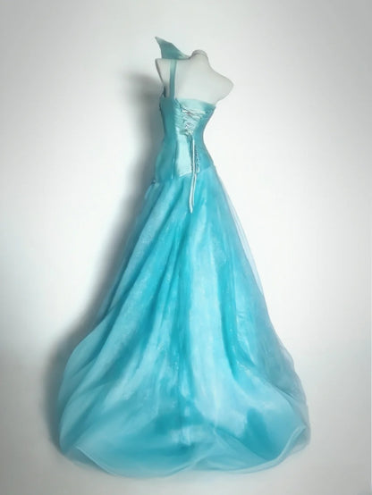 Classy Ball Gown One Shoulder Blue Satin With Beaded Bodice Tulle Sleeveless Long Prom Dresses Inspo Senior Sweet 16 Birthday Outfits AS062