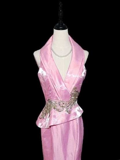 Robe de bal longue sans manches rose à col en V et dentelle dorée, style sirène vintage années 1950, idéale pour les soirées de fin d'études secondaires (AS033)