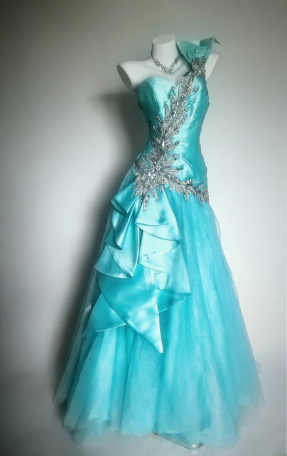 Classy Ball Gown One Shoulder Blue Satin With Beaded Bodice Tulle Sleeveless Long Prom Dresses Inspo Senior Sweet 16 Birthday Outfits AS062