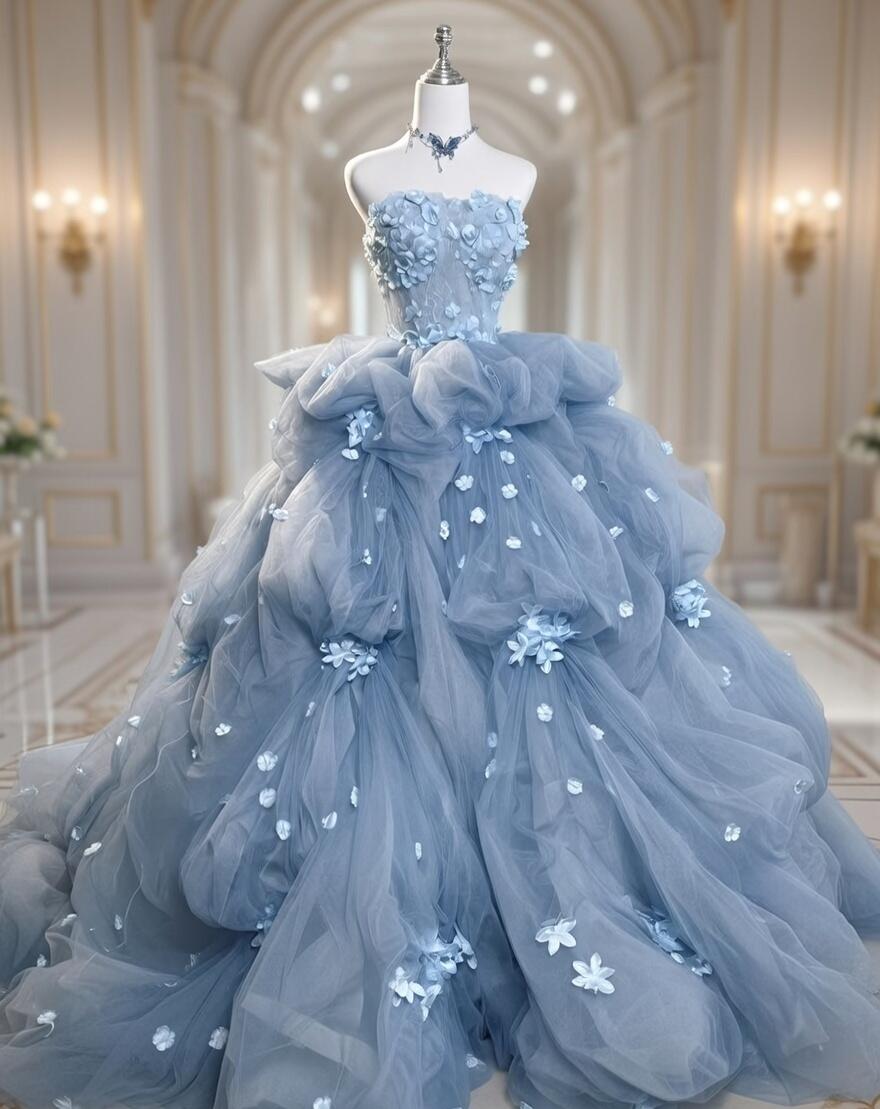 Pretty Quinceanera Dress Ball Gown Strapless Blue Tulle With Flowers Tiered Layers 16th Birthday Party Outfit RC1091