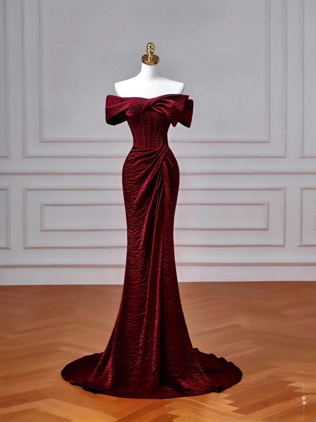 Robe de bal longue bordeaux à épaules dénudées et manches courtes, style sirène simple, référence AQ062
