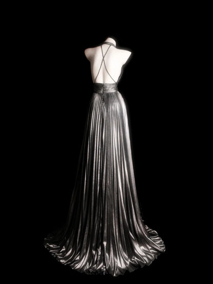 Grey Prom Dress Inspo A line Halter Backless Modest Long Formal Party Gown RB9863