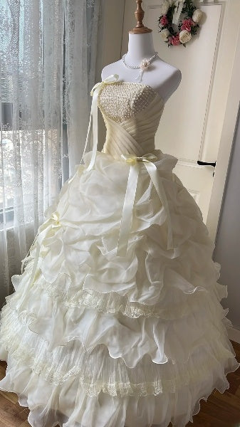 Dream Sweet 16 Dresses Long Strapless Yellow With Pearls Tiered Ball Gown Sweet Sixteen Party Birthday Gown RC0433
