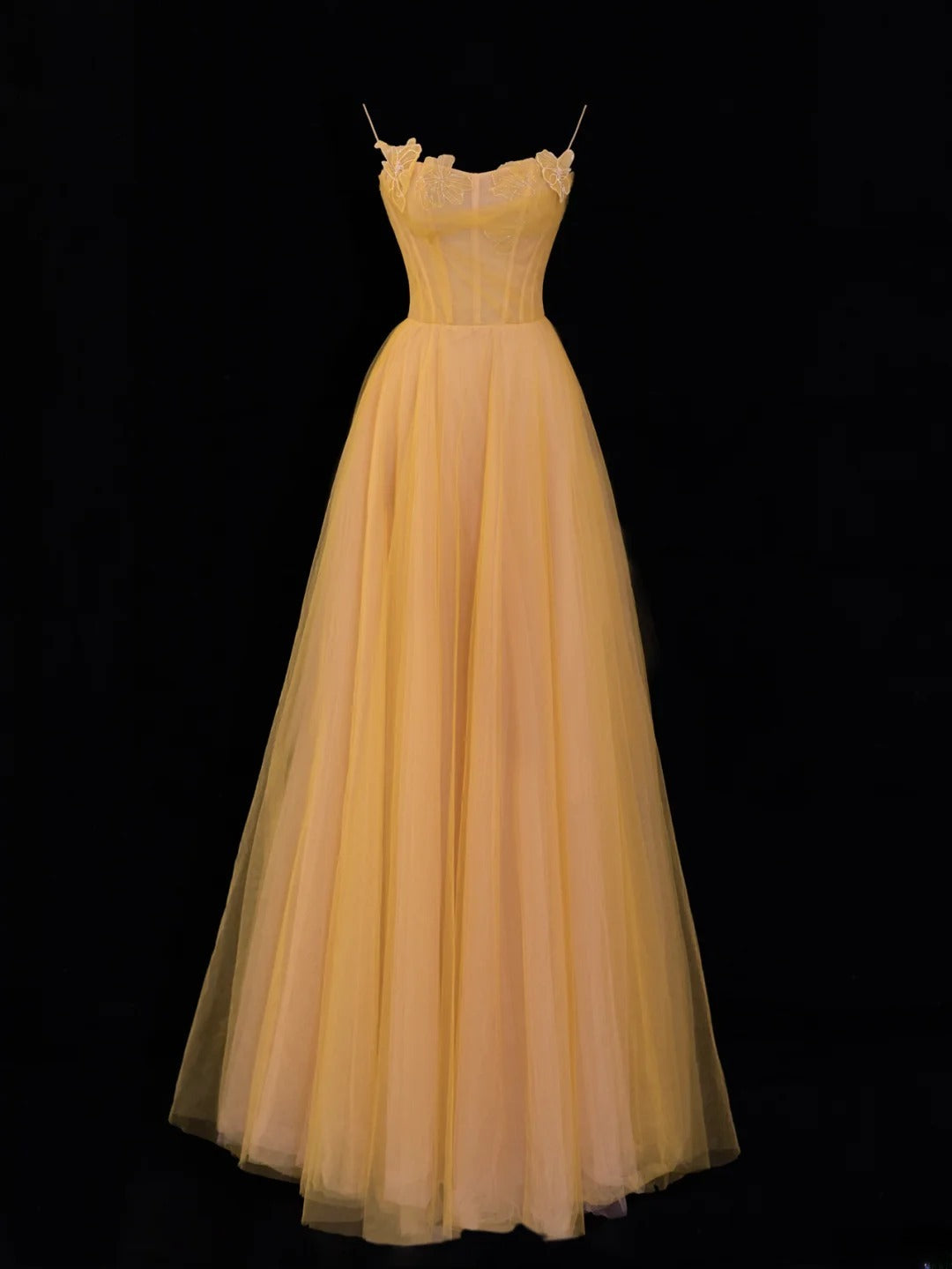 Simple Formal A Line Spaghetti Strap Yellow Tulle Style Impress Long Prom Dresses Party Gowns SA063