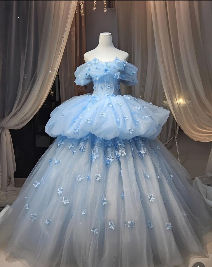 Fairy Quinceanera Dress Ball Gown Off The Shoulder Blue Flowers Tulle With Tiered Quince Dresses RC1092