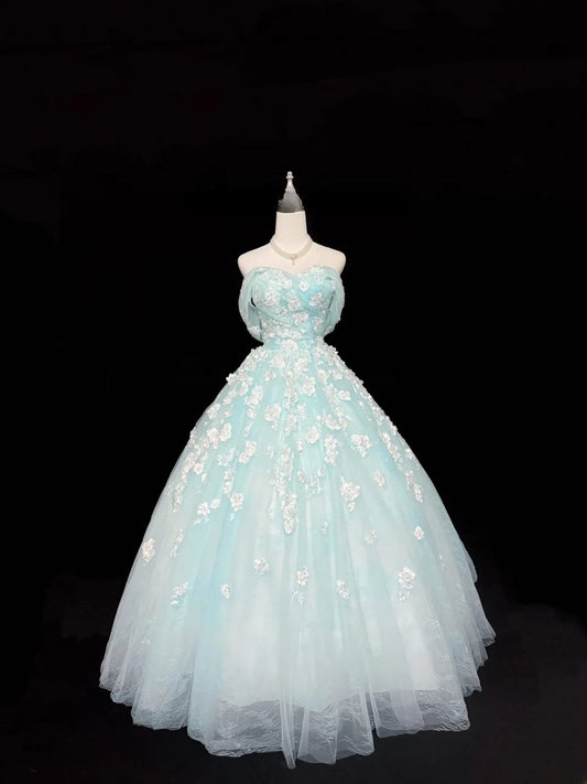 Elegantes schulterfreies Ballkleid aus blauem Tüll mit Applikationen, voluminöses Quinceanera-Kleid für Sweet 16, Vestido de RB7434