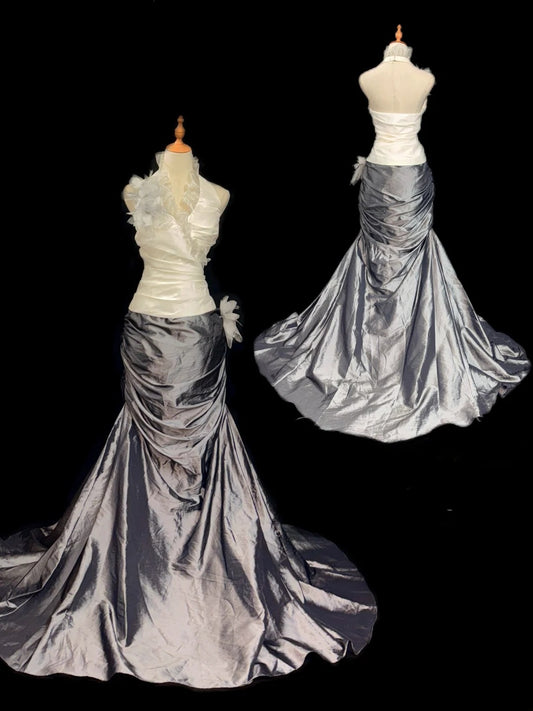Vintage Ballkleider Meerjungfrau Neckholder Weiß Grau Ärmellos Mit Blumen Lange Abendkleider Formelle Outfits RB3463