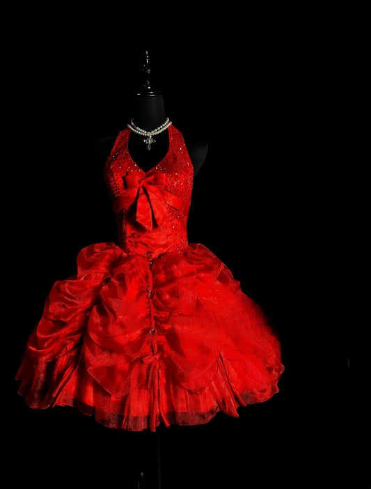 Modest Hoco Dress Homecoming Dresses Ball Gown Halter Red Tulle 16th Birthday Party Outfits RB6384