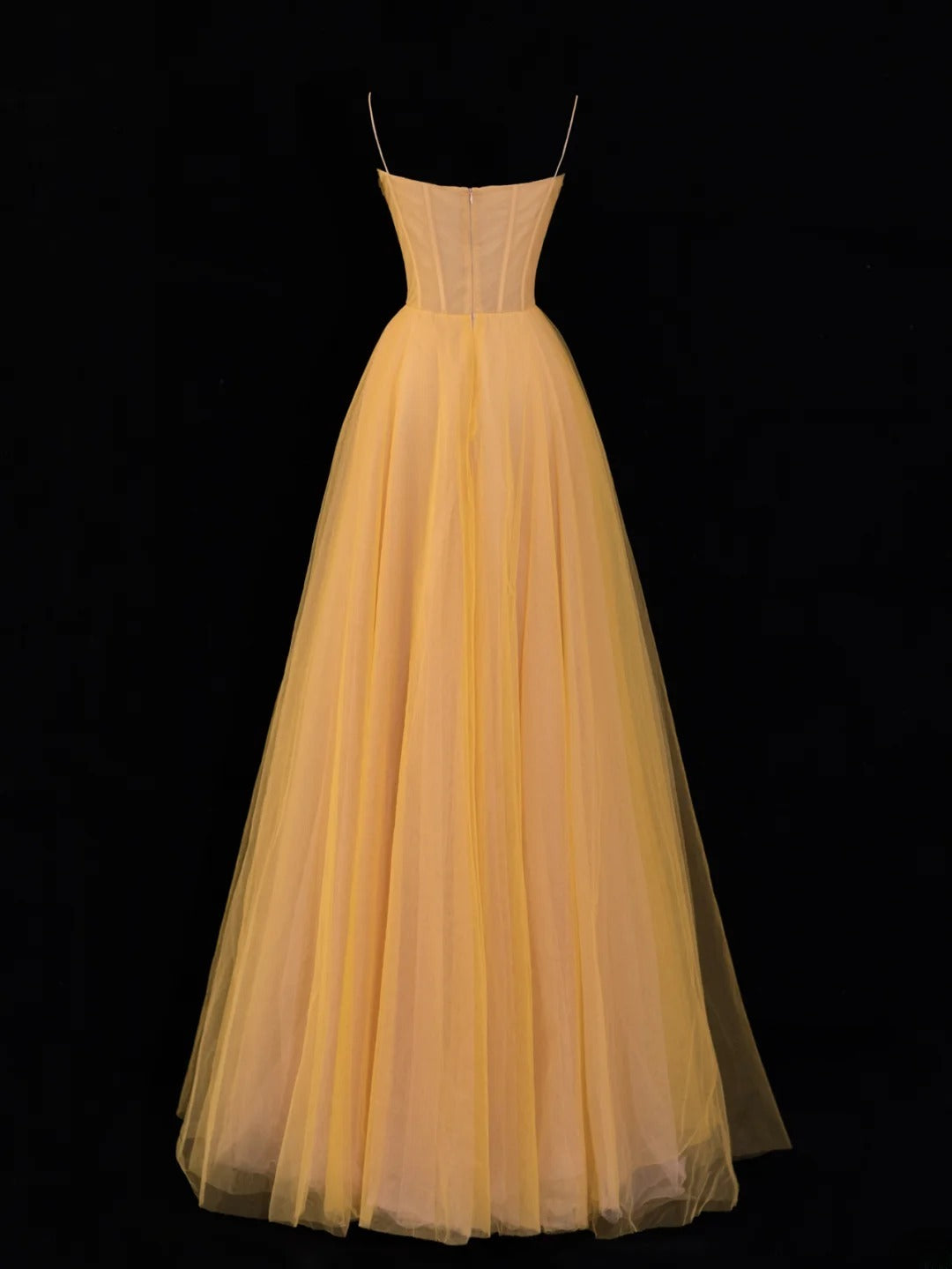 Simple Formal A Line Spaghetti Strap Yellow Tulle Style Impress Long Prom Dresses Party Gowns SA063