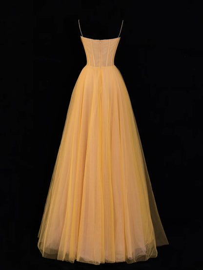 Simple Formal A Line Spaghetti Strap Yellow Tulle Style Impress Long Prom Dresses Party Gowns SA063