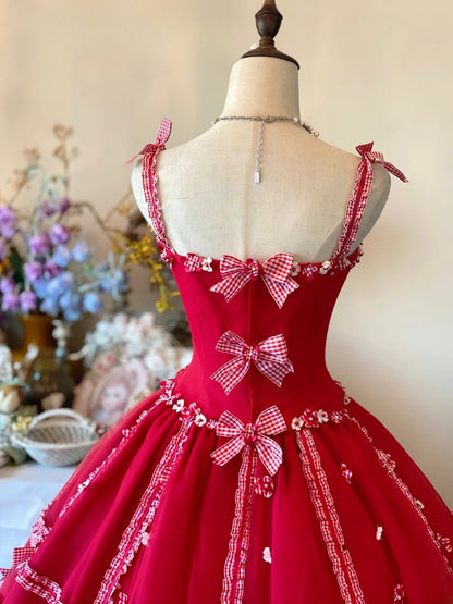 Tulle Prom Dress Long Ball Gown Spaghetti Straps Red With Bow-knot Formal Graduation Gown RB9049