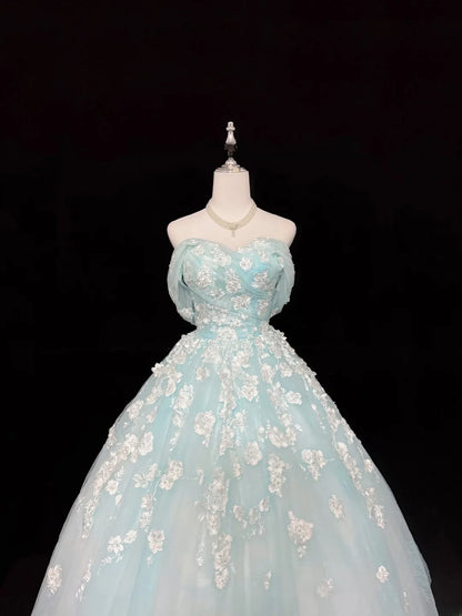 Classy Ball Gown Off The Shoulder Blue Tulle With Appliqued Quince Dress Voluminous Sweet 16 Quinceanera Dresses Vestido de RB7434