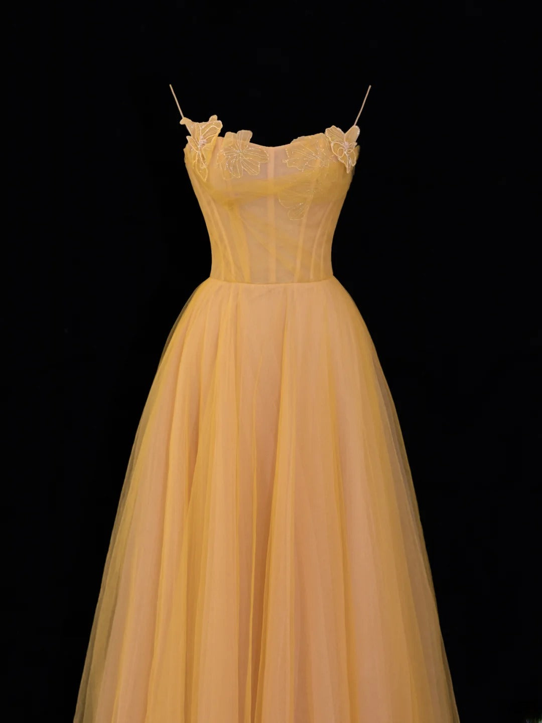 Simple Formal A Line Spaghetti Strap Yellow Tulle Style Impress Long Prom Dresses Party Gowns SA063
