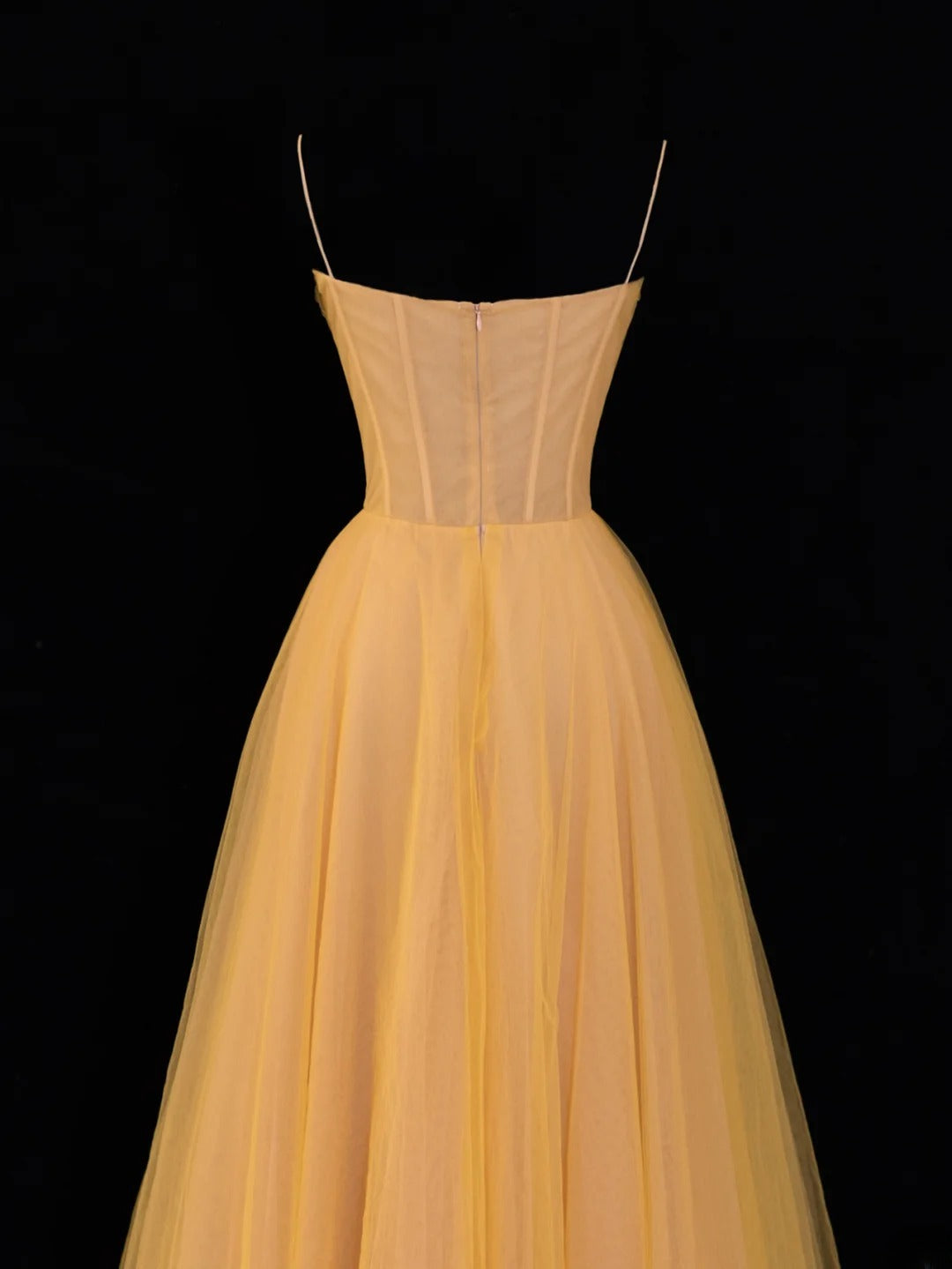 Simple Formal A Line Spaghetti Strap Yellow Tulle Style Impress Long Prom Dresses Party Gowns SA063
