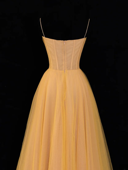 Simple Formal A Line Spaghetti Strap Yellow Tulle Style Impress Long Prom Dresses Party Gowns SA063